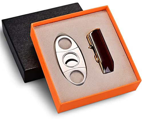 CIGARLOONG Zigarrenschneider und Feuerzeug Set Rotwein Doppelklinge Einfache Zigarrencutter und 3 Jet Torch Blue Flames Nachfüllbares Feuerzeug mit Geschenkbox