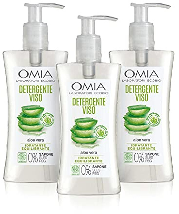 Omia Gel Detergente Viso Eco Bio Aloe Vera del Salento, Struccante Idratante ed Equilibrante per Pelli Normali e Miste, Dermatologicamente Testato, Confezione da 3 Pezzi, Flaconi da 200 ml