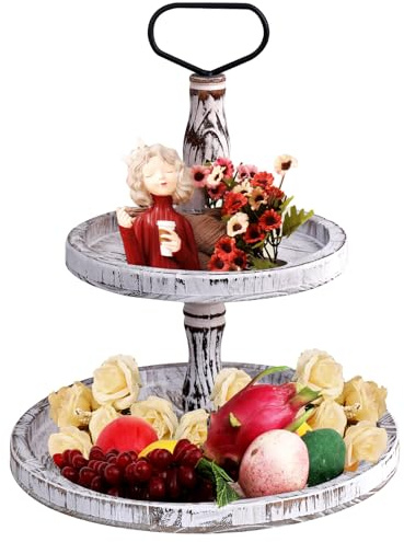 Tiered Tray Two Tier Trays Round Rustic Cupcake Stand,Serving Cakes Holder with Handle for Living Room,Party