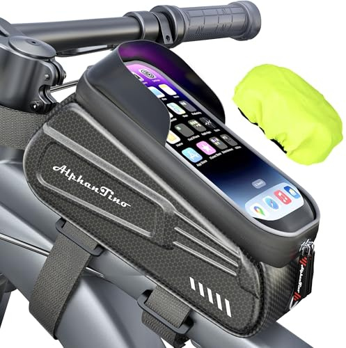 Alphantino Bike Phone Holder Bag - Waterproof Bicycle Frame Bag Hard Case Large Capacity Top Tube Front Frame Cycling Mount Accessories Pouch, TPU Touch-Screen & Sun-Visor (Red Zipper)