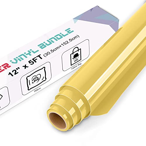 IModeur Gold Heat Transfer Vinyl — 30.5 x 152.5 cm(12'' x 5 Ft) Iron on Vinyl for Fabric, PET Backing Gold Vinyl for T-Shirts, Clothes, Hats, Bags and Other Textiles, HTV Vinyl Roll Easy to Weed