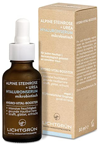 HYALURON SERUM hochdosiert LICHTGRÜN® 30 ml - Anti Aging & Antifalten Gesichtspflege mit Hyaluronsäure 4fach, Urea, Bio Steinrose, Probiotika - Phyto Wirkstoffkosmetik - Natürlich & Vegan