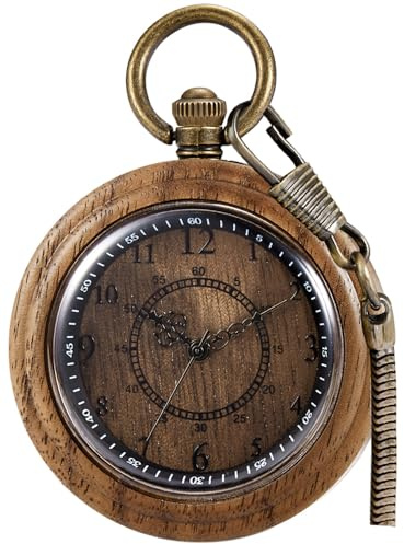 Tiong Wooden Pocket Watches for Men Handmade Bamboo with Chain Analog Quartz Wood Pocket Watch Gifts(Dark Brown)