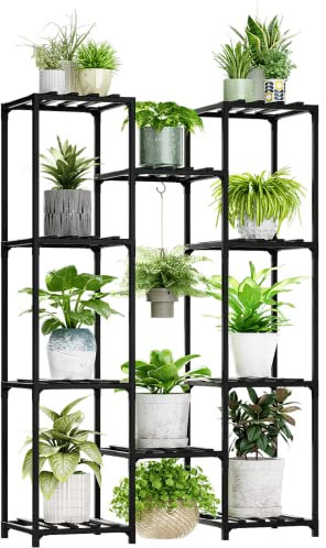 Bamworld Plant Stand Indoor Outdoor Wood Tall Flower Shelf Tiered Plant Stands for Multiple Plants Large Planter Holder Hanging Shelves Rack for Living Room Garden Balcony (Black)