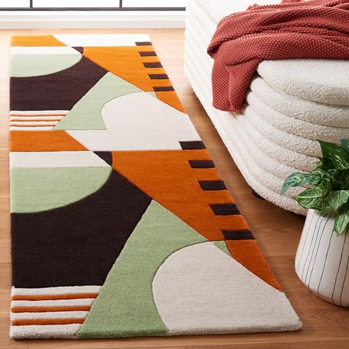 SAFAVIEH Rodeo Drive Collection Runner Rug - 2'3 x 8', Green & Brown, Handmade Mid-Century Modern Abstract Wool, Ideal for High Traffic Areas in Living Room, Bedroom (RD863Y)