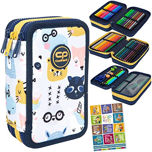 Goldkids Federtasche 3-fache Federmappe Pucci Tiere Federmäppchen 46-teilig gefüllte Schüleretui Stifte und Pinsel inkl. Aufgabenheft Federbox Etui Stiftetasche Schlamper-Etui Schul-Etui