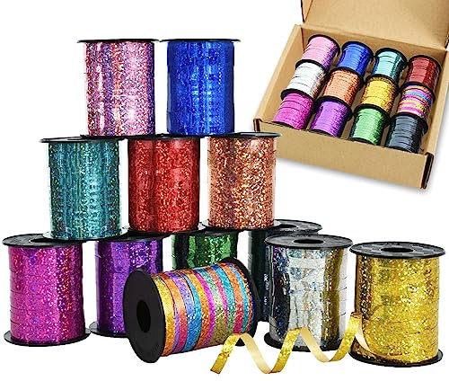 BEISHIDA Ringelbänder-Set, 12 Bänder, Regenbogenfarben, Luftballons, Schnüre, 0,6 cm dünne Bänder 220 m für Geschenkverpackungen, Geburtstag, Hochzeit, Halloween