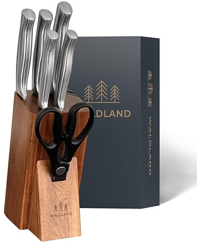 WALDLAND Premium Messerblock mit Messer – 7 teiliges Messerset I Messerblock mit Küchenmesser Set und integriertem Messerschärfer I robustes Akazienholz I Messer Set I Knife Set (Akazienholz)
