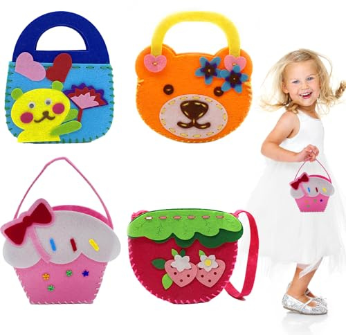AffeGifts Kit Couture Enfant, Pack de 4 Sacs à Main Patron Couture Enfant Kit de Couture en Feutre Diy Education Kit de Couture pour Enfant Premier Cadeaux pour Les Filles