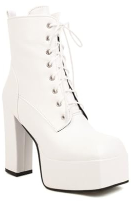 GHSIRUEU Bottines à Talons Hauts pour Femme Mode Bout Carré Plateforme Bottes Courtes à Lacets,Blanc,40 EU
