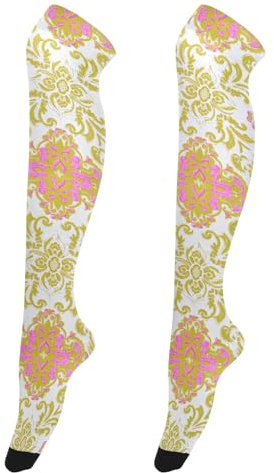Rétro Mode Fleur Paisley Or Pêche Bas Chaussettes Femmes Genou Haut Anti-Crochet Long Genou Haut Bas Pour Femmes Enceintes Jambes Chauffe-Jambes Femmes Pour Parties Médias Calcetin Para Mujer 1 Paire,