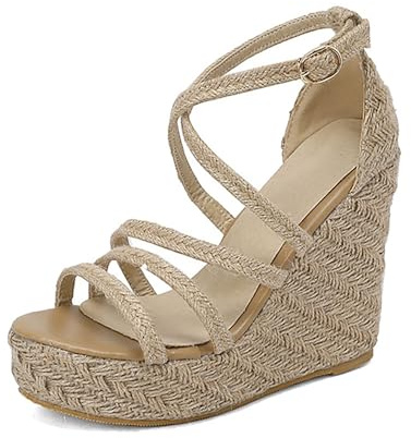 Sandali con Zeppa per Donna, Sandali Estivi da Donna con Plateau in Paglia Intrecciata Vintage da 4,7 Pollici, Scarpe con Cinturino alla Caviglia Incrociato E Cinturino Posteriore(41 EU)
