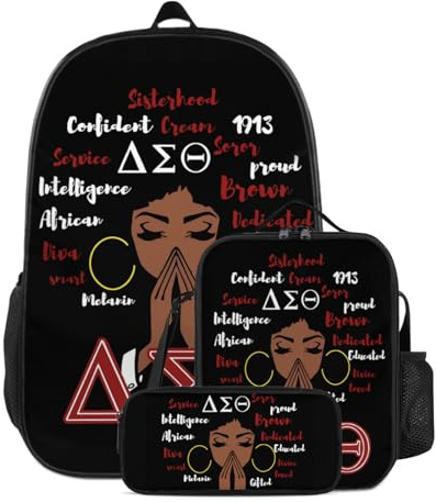 Sorority Paraphernalia Backpack Set with Insulated Lunch Box & Pencil Case - 17 Durable Laptop Backpack Sorority Gifts Bags (Black, One Size)