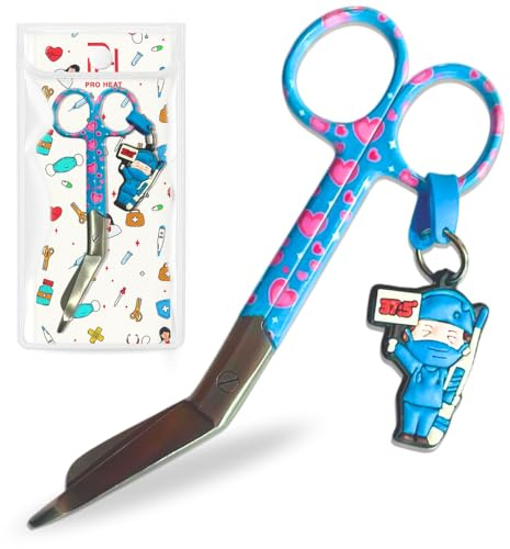 Ph Pro Heat Tijeras Enfermeria Punta Roma Primeros Auxilios de Acero Inoxidable - Tijeras Pico de Pato para Enfermera Profesionales - Accesorios Enfermera y TCAE para Vendajes. (Azul Corazones Rosa)