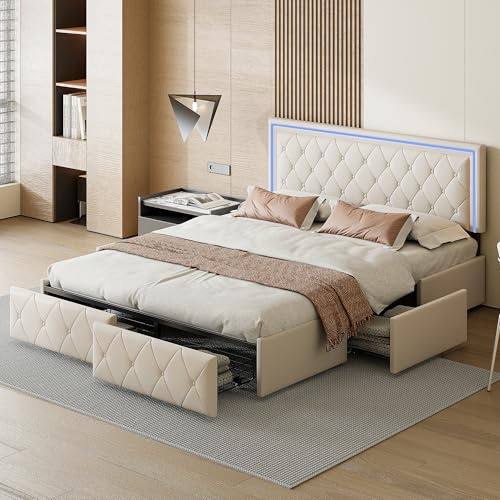 KOOPMAD Cama doble acolchada 160 x 200 cm con 4 cajones de almacenamiento, cama acolchada LED, cama de 2 personas con cabecera ajustable en altura, para adultos y adolescentes, sin colchón (blanco PU)