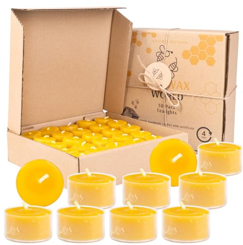 BeesWax World 100% bivaxljus – bivaxvärmeljus med bomullsvekar – 4 timmars brinntid – 10–50 delars ljusset – bivaxljus med återvunnen plast (50, genomskinlig)