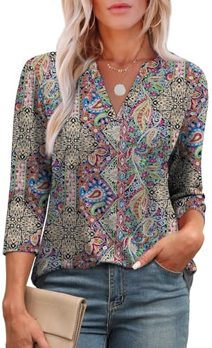 Aokosor Womens 3/4 Sleeve Tops Ladies Blouses V Neck T Shirts Fashion Dressy Tunic Blouses Curved Hem Size 10-12 Bohemian Color