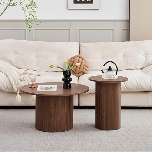 GrandCA HOME - Set med 2 runda soffbord, sidobord för rund soffa, MDF-skiva med träribbbas, perfekt för vardagsrum och kontor (mörk träräkning)