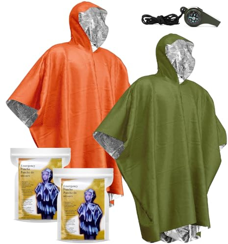 Poncho de Survie D'urgence, 2PCS Ponchos de Pluie D'urgence avec Capuche Couvertures Thermiques D'urgence Survie Thermiques en Mylar Poncho Thermique résistant aux intempéries et Sifflets de Survie