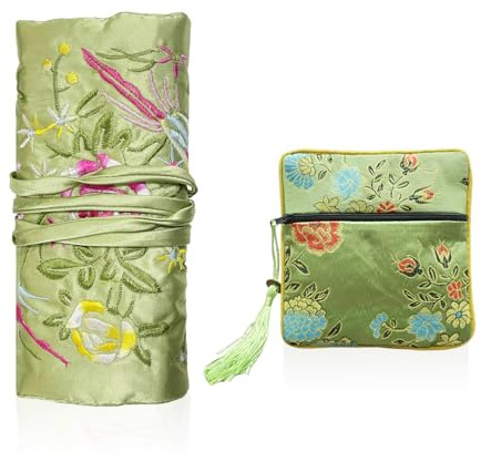 ATBUSS 1 Borsa per Gioielli E 1 Piccola Borsa con Cerniera, Borsa per Rotolo da Viaggio, Borsa per Gioielli Portatile, Borsa per Bracciale con Anello per Collana, Borsa Pieghevole retrò.