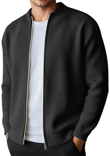 Foweknow Chaqueta tradicional para hombre, cárdigan de punto, cuello redondo, chaqueta de invierno/entretiempo, jersey de punto, cárdigan de manga larga, abrigo con cremallera, cárdigan de punto fino