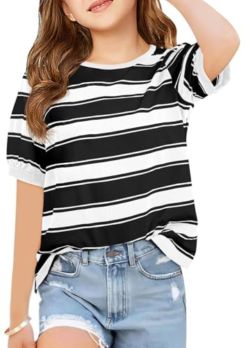 Haloumoning T-shirts à manches courtes rayés pour filles - Hauts d'été - Loisirs - T-shirts à col rond - Blouses
