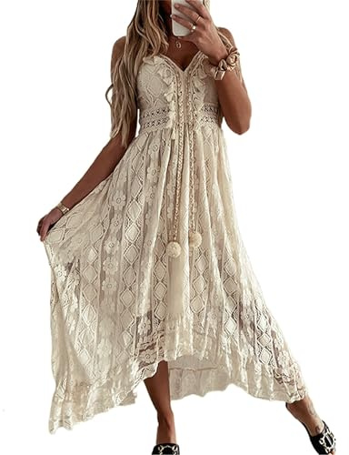 Kfsghdnz Women's Boho Lace Maxi Dress V Neck Tassel Trim Spaghetti Strap A-Line Irregular Hem Flowy Sundress for Summer Beach Holiday