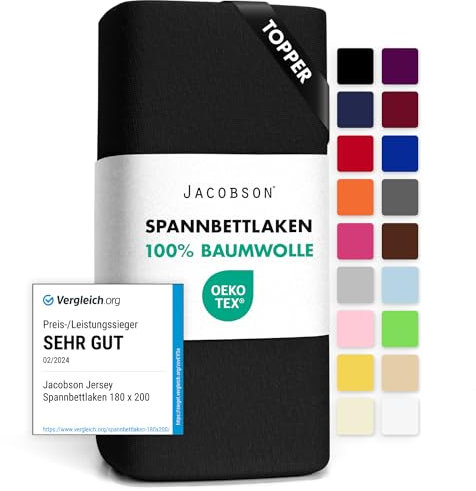 Jacobson Jersey Spannbettlaken Spannbetttuch Baumwolle Bettlaken (Topper 180-200x200 cm, Schwarz)