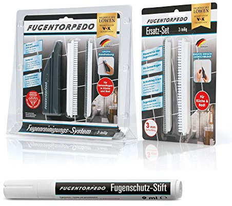 Fugentorpedo 00896 XL-Set | 1x Griff, Fugenbürste, 2X Schleifsteg 3mm & 1 x Fugenschutzstift | Effektive Fugenreinigung und-versiegelung | Für Zementfugen in Küche und Bad, Schwarz, One Size