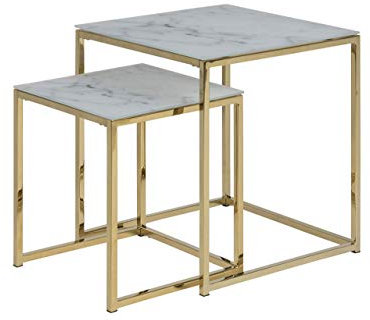 Amazon-Marke: AC Design Furniture Antje Quadratischer Beistelltisch in Marmoroptik Weiß/Gold, Glas/Metall, Set mit 2 Tischen, B: 45 x H: 50 x T: 45 cm