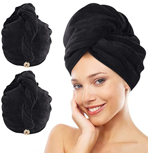 KinHwa Turban Handtuch mit Knopf XL Mikrofaser Haarturban für die Haare schnelltrocknend Haarhandtuch super saugfähig und weich für Lange und dichte Haare 30cmx70cm 2 Stück Schwarz