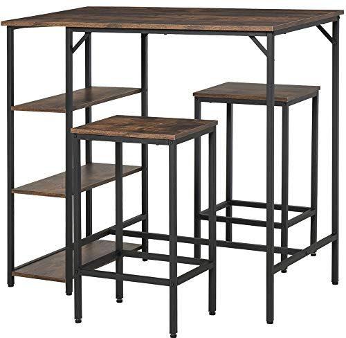 HOMCOM Set Tavolo Alto con 2 Sgabelli e Scaffale Stile Industriale in Metallo e Legno, Arredamento Moderno Bar e Cucina, Marrone Rustico