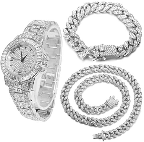 Halukakah Diamant Golduhr, Herren Platin Weiß Vergoldet 38MM Breite Rund Wählen Quarz Armband 22cm mit Kubanischer Link Kette 20+45cm Halskette Armband Set, mit Geschenkbox