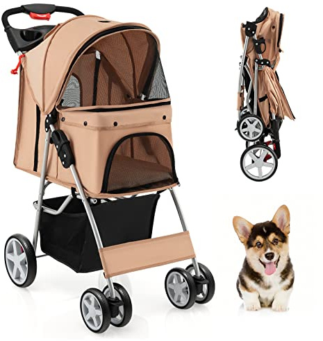 GYMAX Folding Pet Stroller with 4 Wheels, Safety Belt (Beige) | Portable Pet Travel Pushchair with Mesh Windows and Cup Holder, Pets Travel Carrier Carriage for Dogs and Cats
