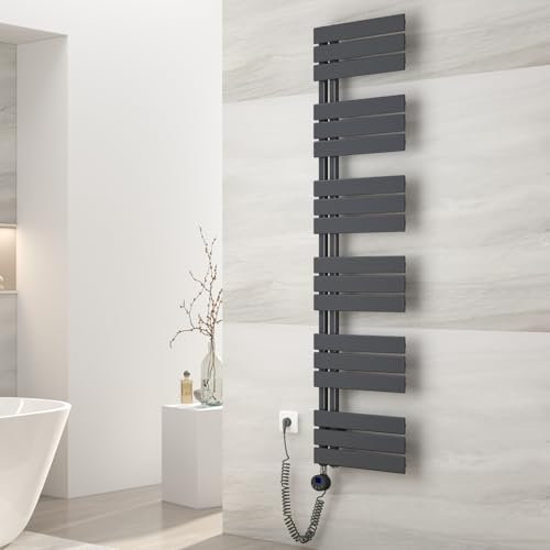 EMKE Badheizkörper Elektrisch 1599x400mm, mit Thermostat 800 Watt, Flach Handtuchheizkörper Elektrisch Panel Handtuchhalter Handtuchtrokner inkl Heizstab mit timer Anthrazit