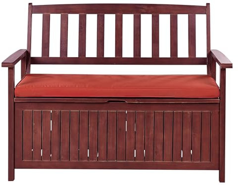 Beliani Gartenbank Akazie mahagonibraun mit Stauraum Auflage Terracotta rot 120cm Sovana