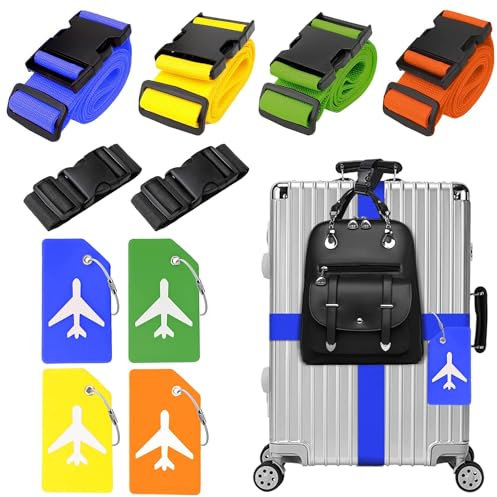 4 Stück Koffergurt & 4 Stück Kofferanhänger & 2 Stück Fügen Sie Eine Tasche Gepäckgurte Hinzu, Kofferband Gurt, Einstellbare Kofferbänder, Auffällig Luggage Strap für Koffer (Gemischte Farben)