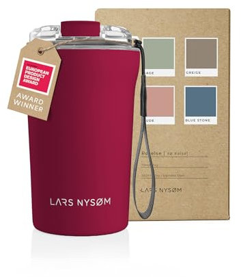 LARS NYSØM Taza térmica café para llevar con correa y Tapa Tritan | Termo Café de 0,38 litros con aislante | Travel mug de acero inoxidable a prueba de fugas (Berry Red, 380ml)