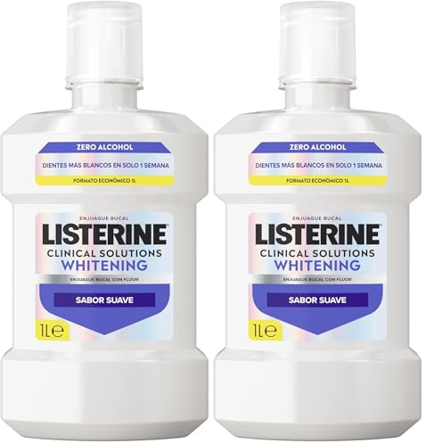 Listerine Advanced White Sabor Suave (1 x 1 L), enjuague bucal formato ahorro 0% alcohol, enjuague bucal sin alcohol, colutorio blanqueador dental para una limpieza óptima (Paquete de 2)