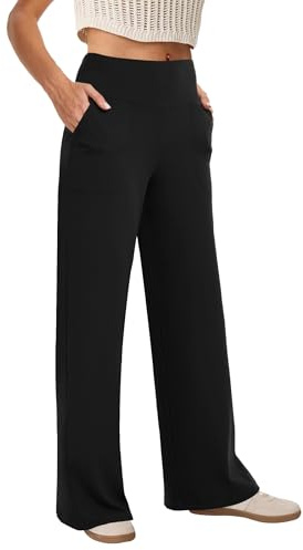 COPYLEAF Wide Leg Pants Woman High Waist Yoga Pants with Pockets Loose Stretch Dress Work Sweatpants Casual Lounge(Black L)