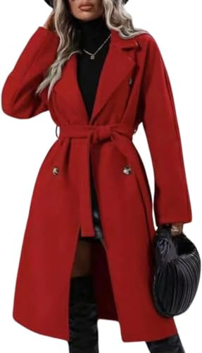 Goolecrimp Cappotto Doppiopetto in Lana da Donna Elegante Trench Casual con Risvolto e Tasche di Media Lunghezza in Tweed da Ufficio (Rosso,L)