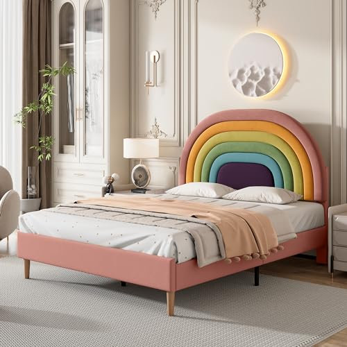 4ft6 Double Bed Frame, Upholstered Platform Bed with Adjustable Rainbow Headboard, Sturdy Wooden Slat Support/No Box Spring Needed, Youth Beds for Adults Kids Teenagers, Velvet, Pink, 135x190 cm