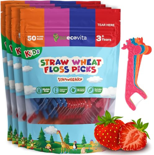 Kids Floss Picks - Straw Wheat Handle Flossers | Thin & Shred-Resistant Thread | Fluoride & Gluten-Free | Colorful Giraffe Floss Sticks | PETA Approved & Vegan (Strawberry, 200 Pack)