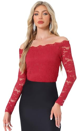 Allegra K Dam off shoulder spetsblus långärmad axellös topp blommor transparent elegant topp traditionell blus, röd, M