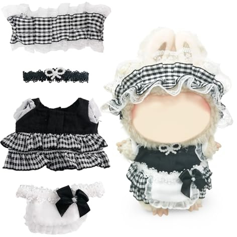 Clothes Compatible with Labubu Doll, Checkered Skirt & Lace Headband with Neckband and Maid Bib for 17cm Labubu Outfit, Stylish Adorable Accessories Set for LABUBU, No Doll (Gothic Lolita Maid)