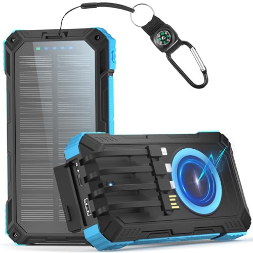 56800mAh Cargador Solar: 30W PD 3.0A USB C Carga Rápida Bateria Externa con 4 Cables, 6 Input & 4 Output, 15W Carga inalámbrica, Luces indicadoras LED, Linterna, Cargador Portátil para Teléfono
