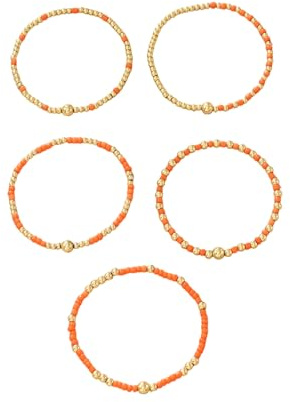 COLORFUL BLING 5Pcs Boho Stackable Beaded Bracelets for Women Multilayer Beaded Gold Bracelets Set New Year Birthday Gift for Women Men Couple Friendship,Orange