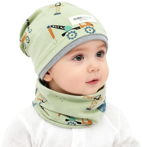FUIPVGI Kids Hat Scarf Set, Winter Cotton Beanie Hats Loop Scarfs Set for Boys Girls, Cartoon Stretchy Tube Scarf Hat Sets for Kids 2-8 Years for Autumn Winter Spring (Green)