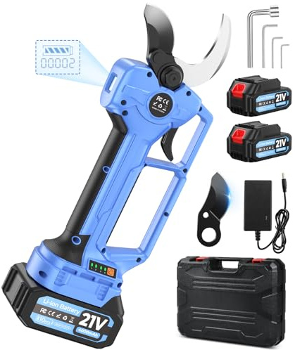AUKUZI Tijeras Eléctricas Profesionales De 60 MM Cuentan Con Una Apertura De Hoja Ajustable En Cuatro Niveles, Motor sin escobillas de 1500W, Baterías 4.0 Ah x 2, Para Diversos Escenarios De Poda