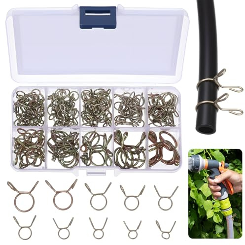 WJIAAA 126 Stück Schlauchschellen Set,10 Größen 5–14 mm schlauchklemme für Kraftstoff Wasserleitungen Federklemmen Bronzefarbene Doppeldrahtschellen mit Aufbewahrungsbox